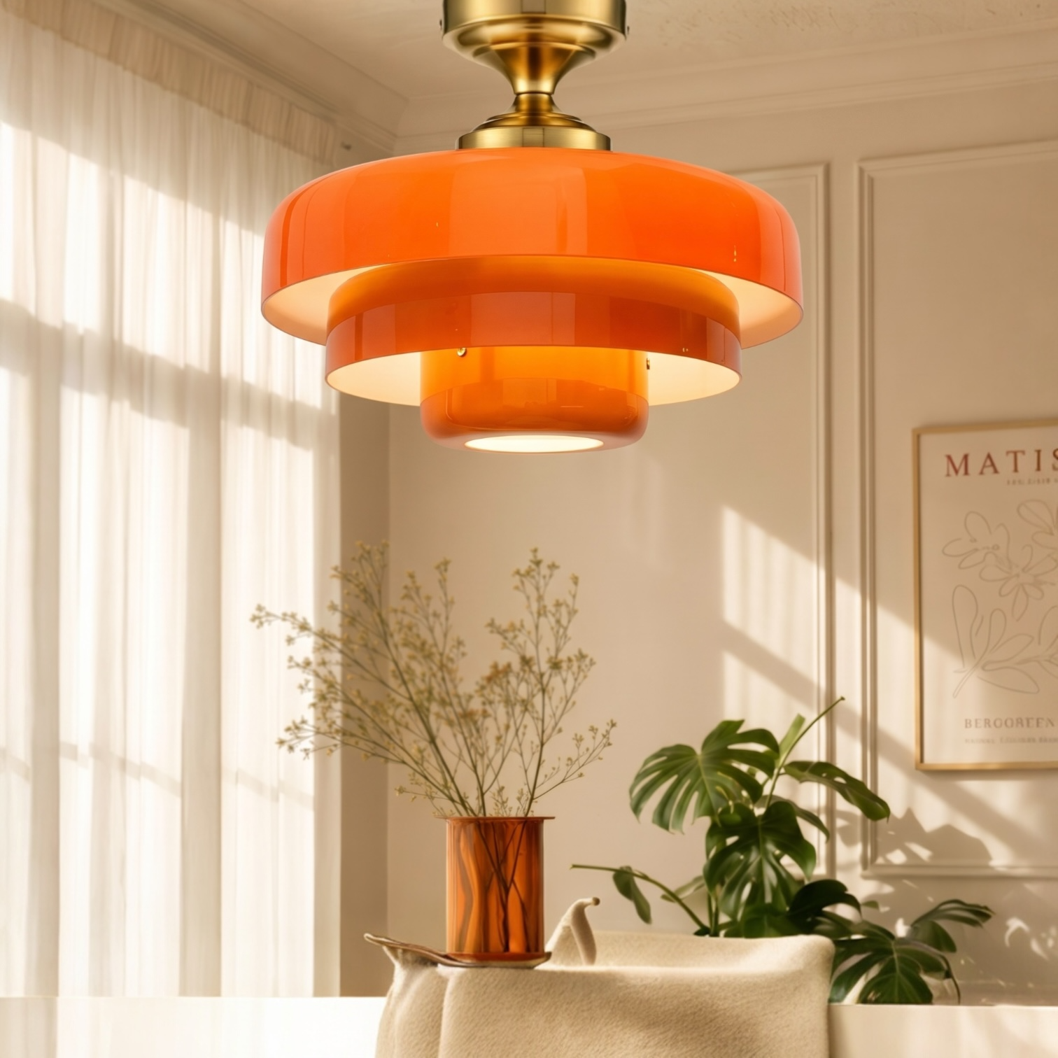 NEW Anthropologie Chandelier Mid-Century Retro Gold Orange Light Ceiling Fixture