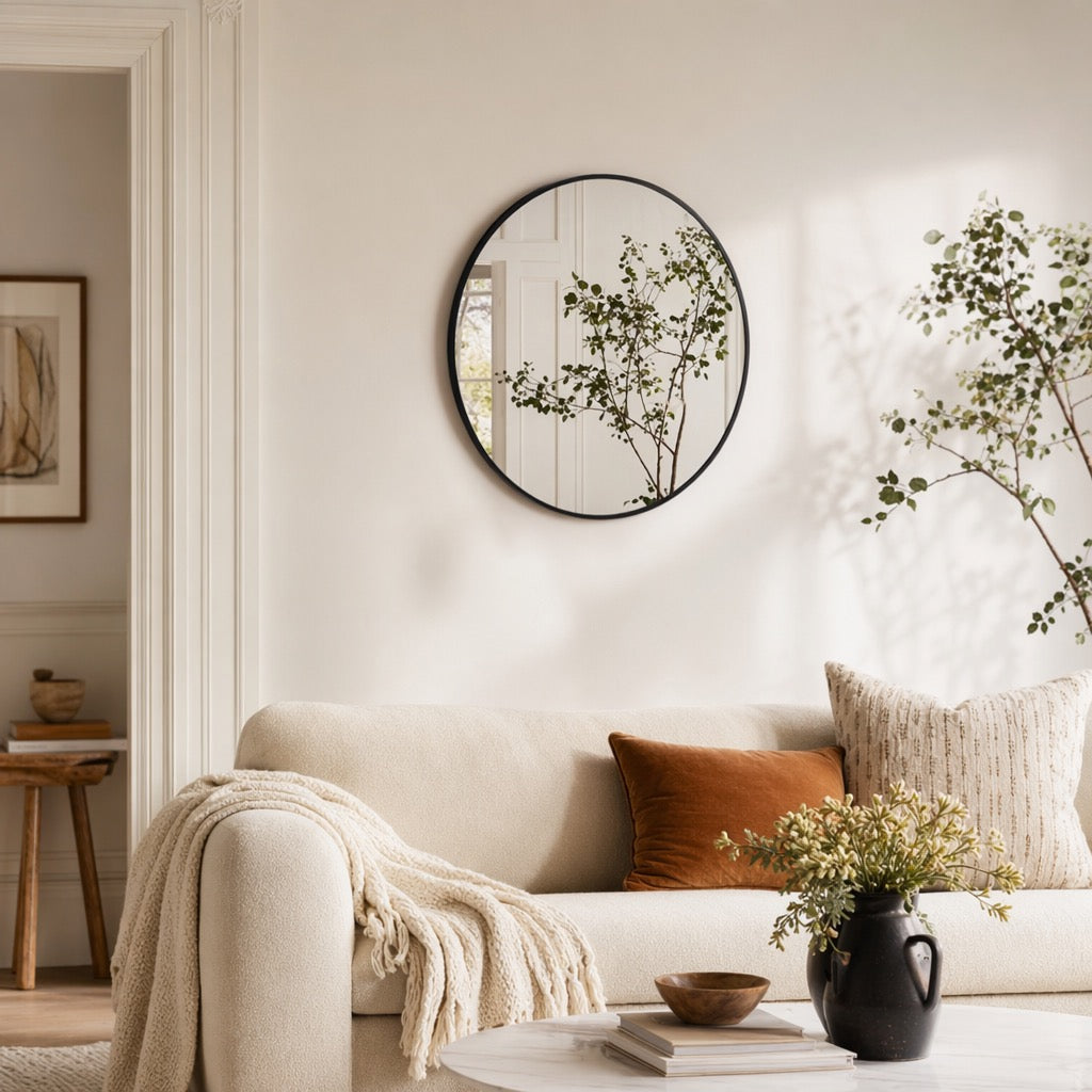 NEW West Elm Black Circle Round Matte Framed Boho Wall Entry Mirror - 20" x 20"