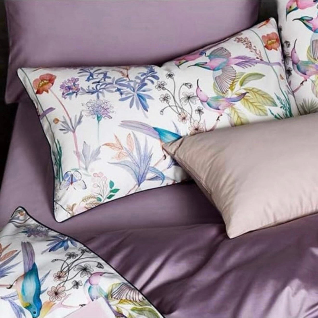 NEW Anthropologie Purple Floral Bird Duvet, Shams & Matching 4 Piece Sheet Set