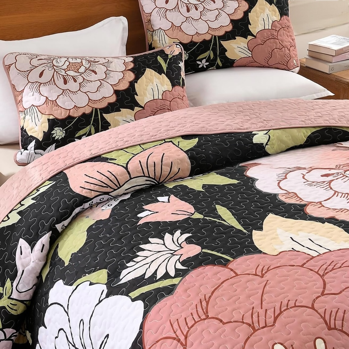 NEW Anthropologie Black & Pink Floral Boho Queen / King Bedding Quilt & Sham Set