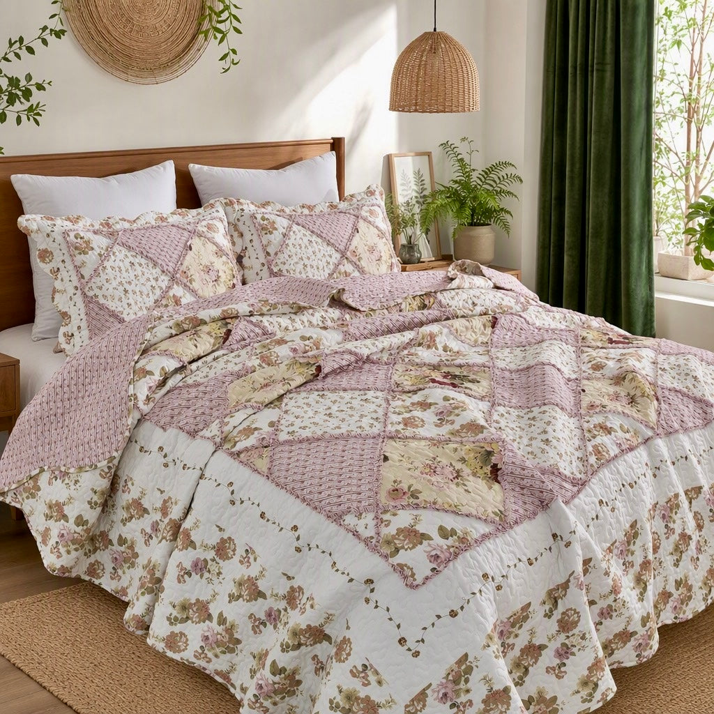 NEW Anthropologie Pink Vintage Floral Patchwork Quilt Coverlet Bedding Sham Set