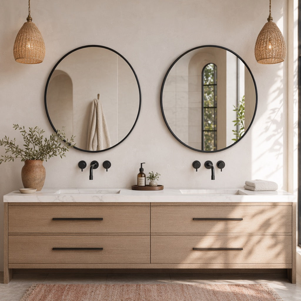 NEW West Elm Black Circle Round Matte Framed Boho Wall Entry Mirror - 20" x 20"