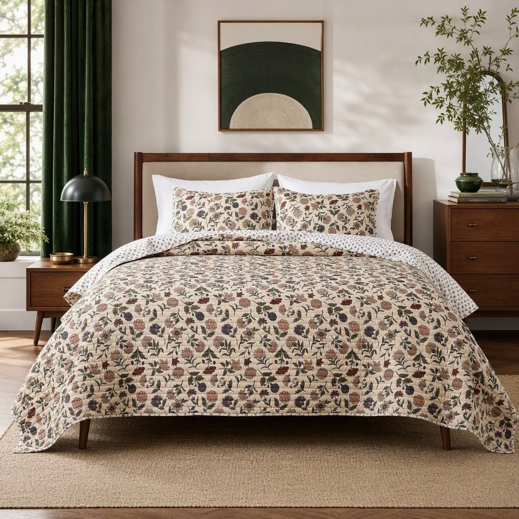 NEW Anthropologie Beige Boho Floral Reversible Quilt Bedspread Bedding Sham Set