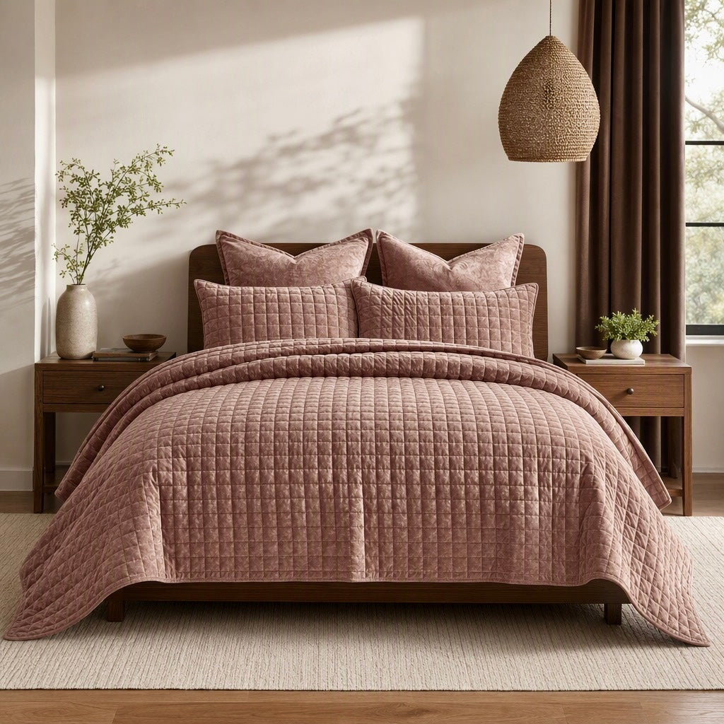 NEW West Elm Terracotta Velvet King / Queen Ultra Soft Bedding Quilt & Sham Set