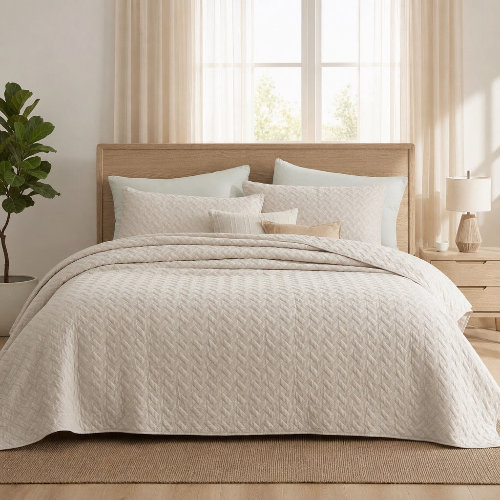 NEW Anthropologie Beige Boho Chevron Quilted Bedding Quilt & Sham Set - Queen