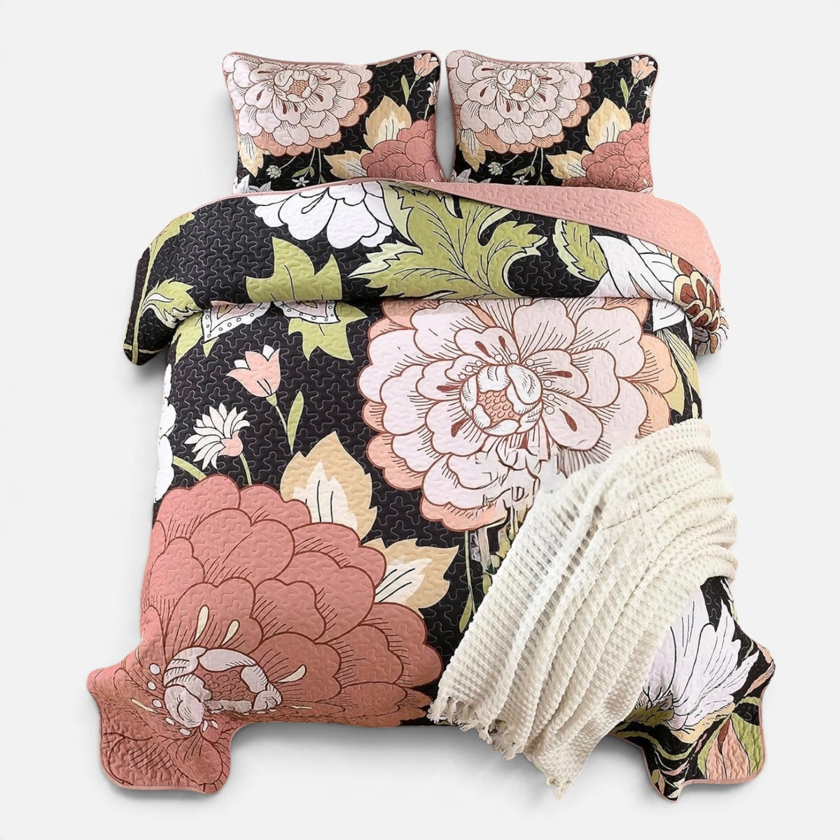 NEW Anthropologie Black & Pink Floral Boho Queen / King Bedding Quilt & Sham Set