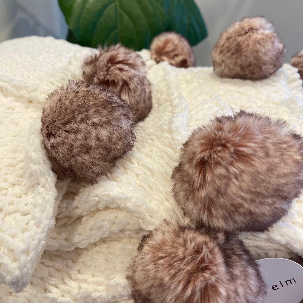 NEW West Elm Boho White Knit Fur Pom Pom Throw Blanket Bedding - 50" x 64"