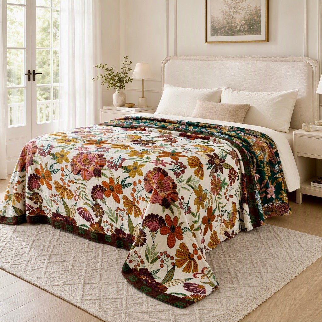 New Anthropologie Boho Floral Reversible Throw Blanket Bedspread Quilt 80" x 60"