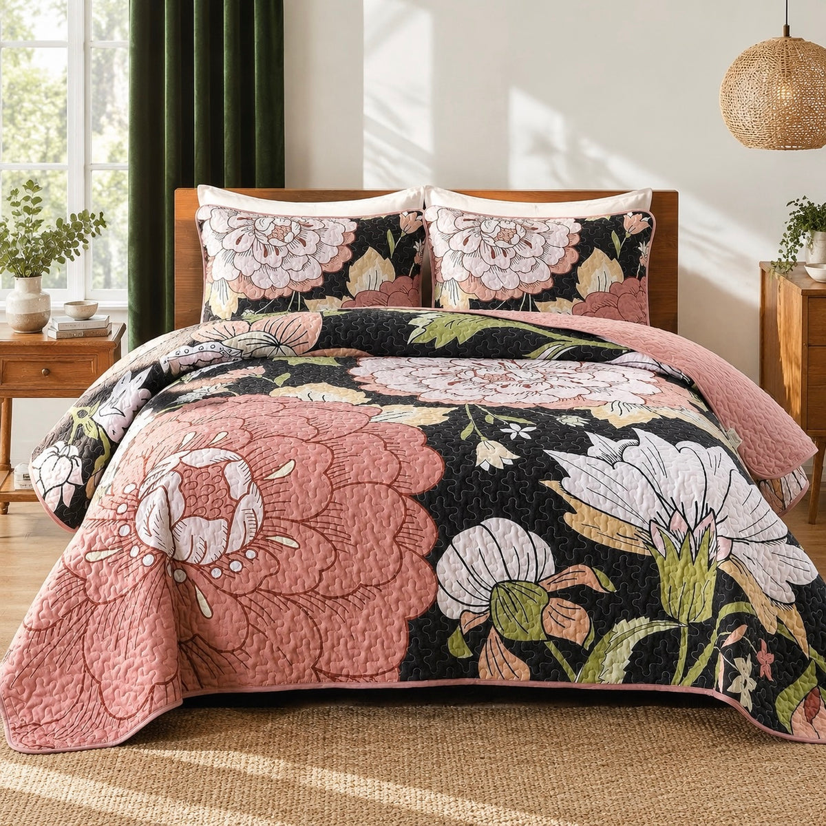 NEW Anthropologie Black & Pink Floral Boho Queen / King Bedding Quilt & Sham Set