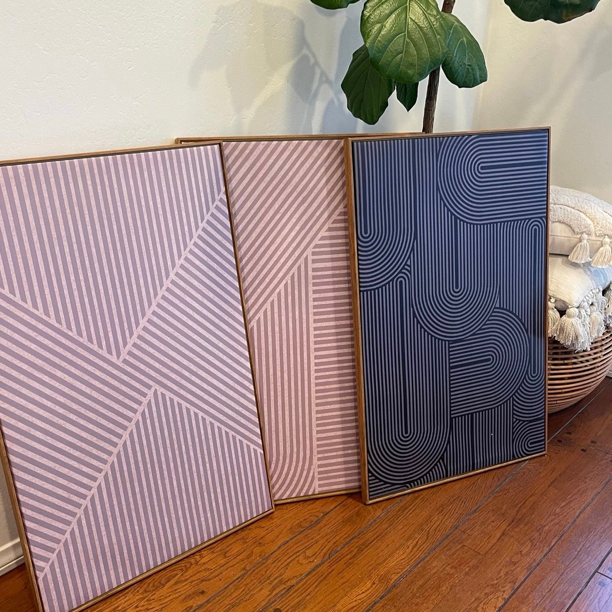 NEW West Elm Large Abstract Set of 3 Framed Canvas Wall Art Paintings Decor 24"