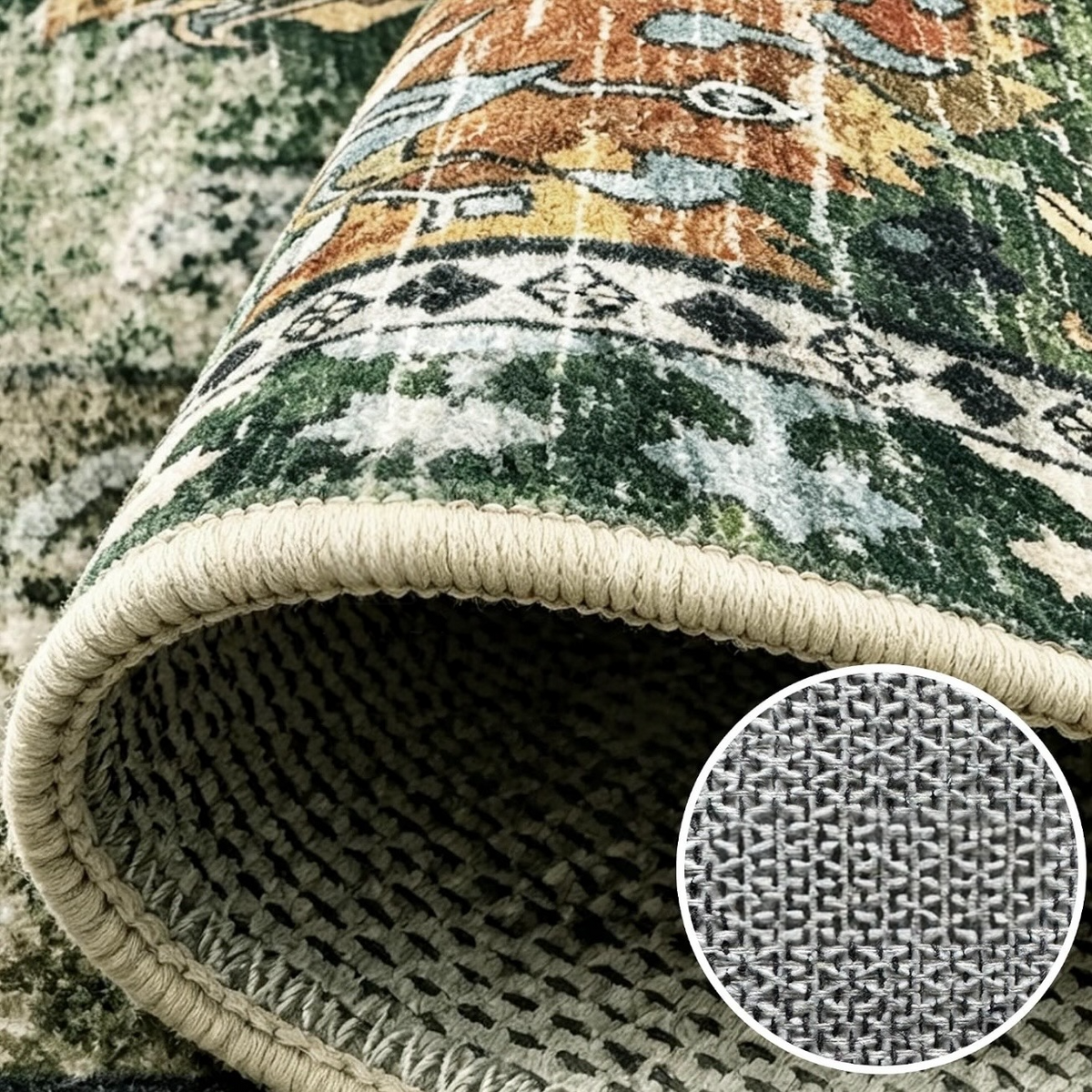 NEW Anthropologie Green Vintage Floral Boho Washable Area Rug Carpet - 5' x 7'