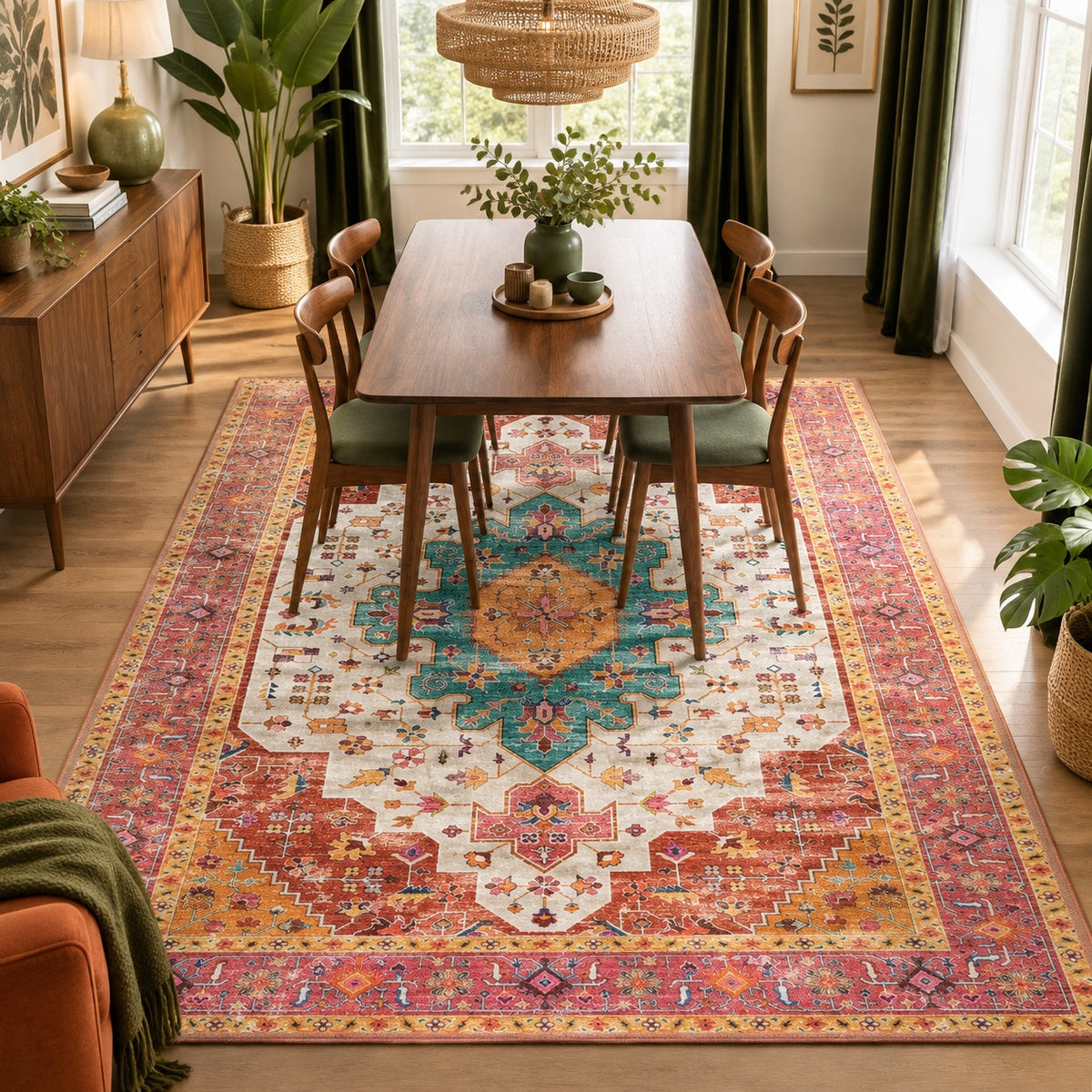 NEW Anthropologie Pink & Teal Moroccan Boho Washable Area Rug Carpet - 5' x 7'
