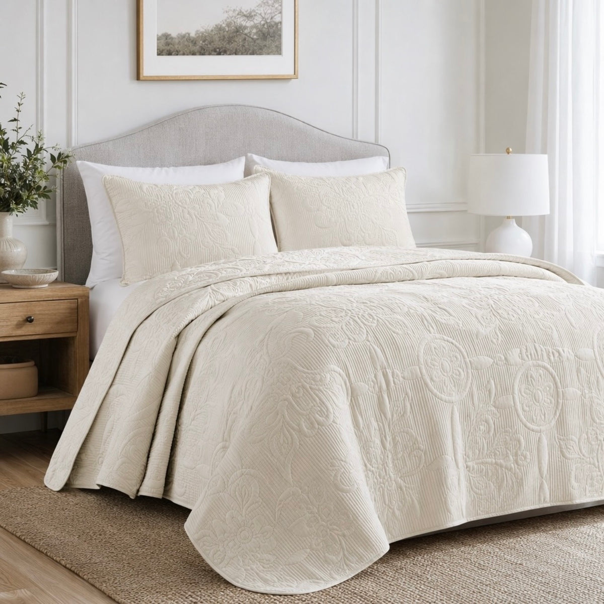 NEW Anthropologie White Cream Boho Jacquard Queen / King Bedding Quilt Sham Set