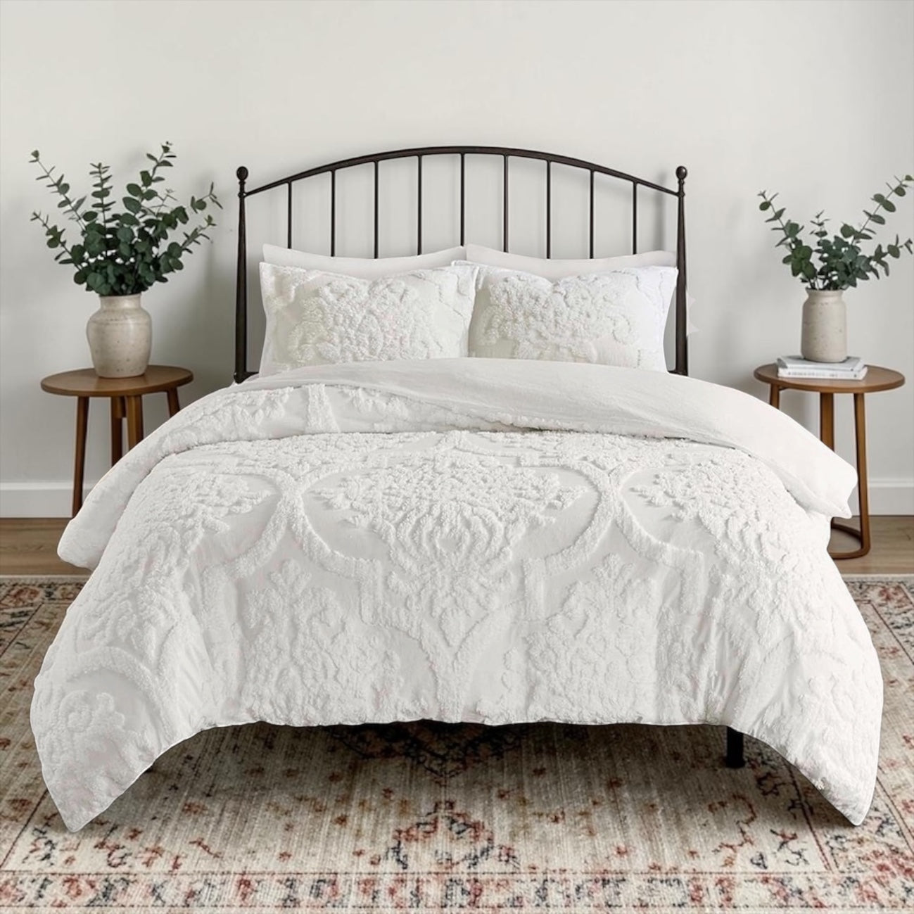 NEW Anthropologie White King Chenille Damask Duvet Bedspread Bedding & Sham Set