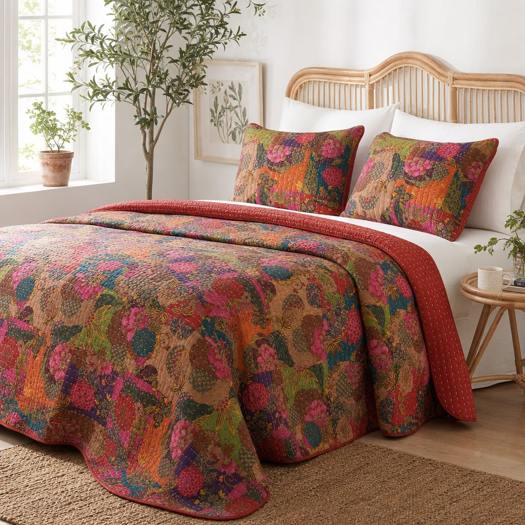 NEW Anthropologie Red Multicolor Floral Boho King Quilt Bedspread Bedding & Sham Set