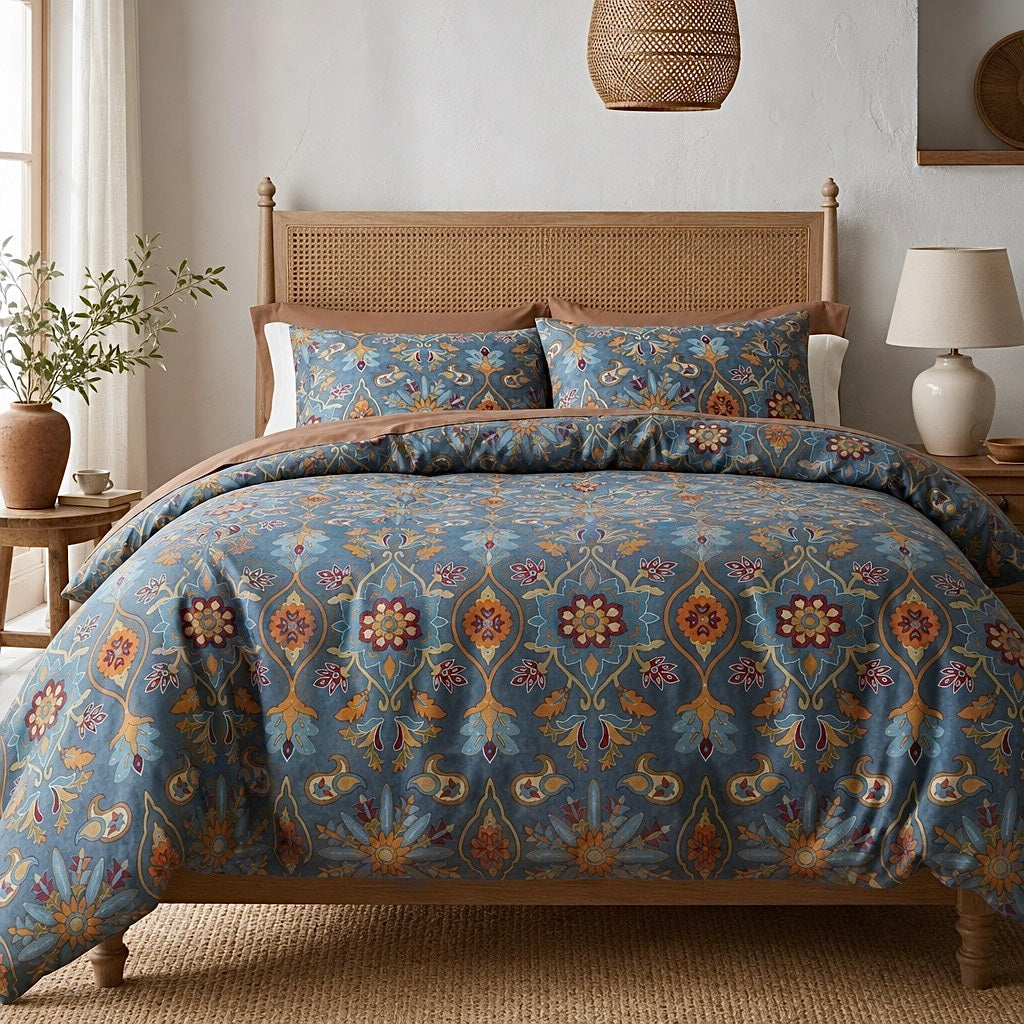 NEW Anthropologie Blue Damask Queen King Egyptian Cotton Bedding Duvet Sham Set