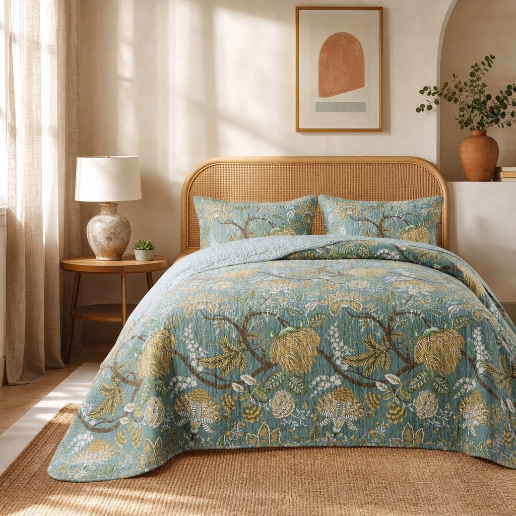 NEW Anthro Green Floral Reversible Queen / King Boho Bedding Quilt & Sham Case
