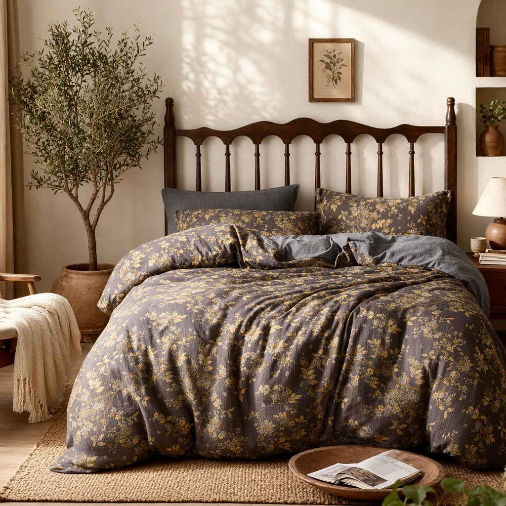 NEW Anthro Gold Jacquard 100% Cotton Boho Queen / King Bedding Duvet & Sham Set