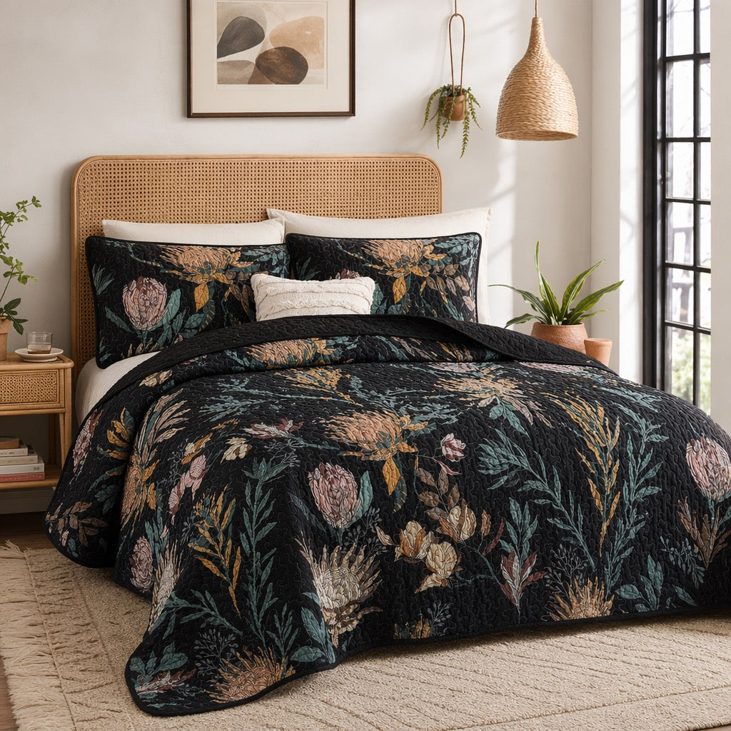 NEW Anthro Queen / King Black Reversible Boho Quilt Bedspread Bedding & Sham Set