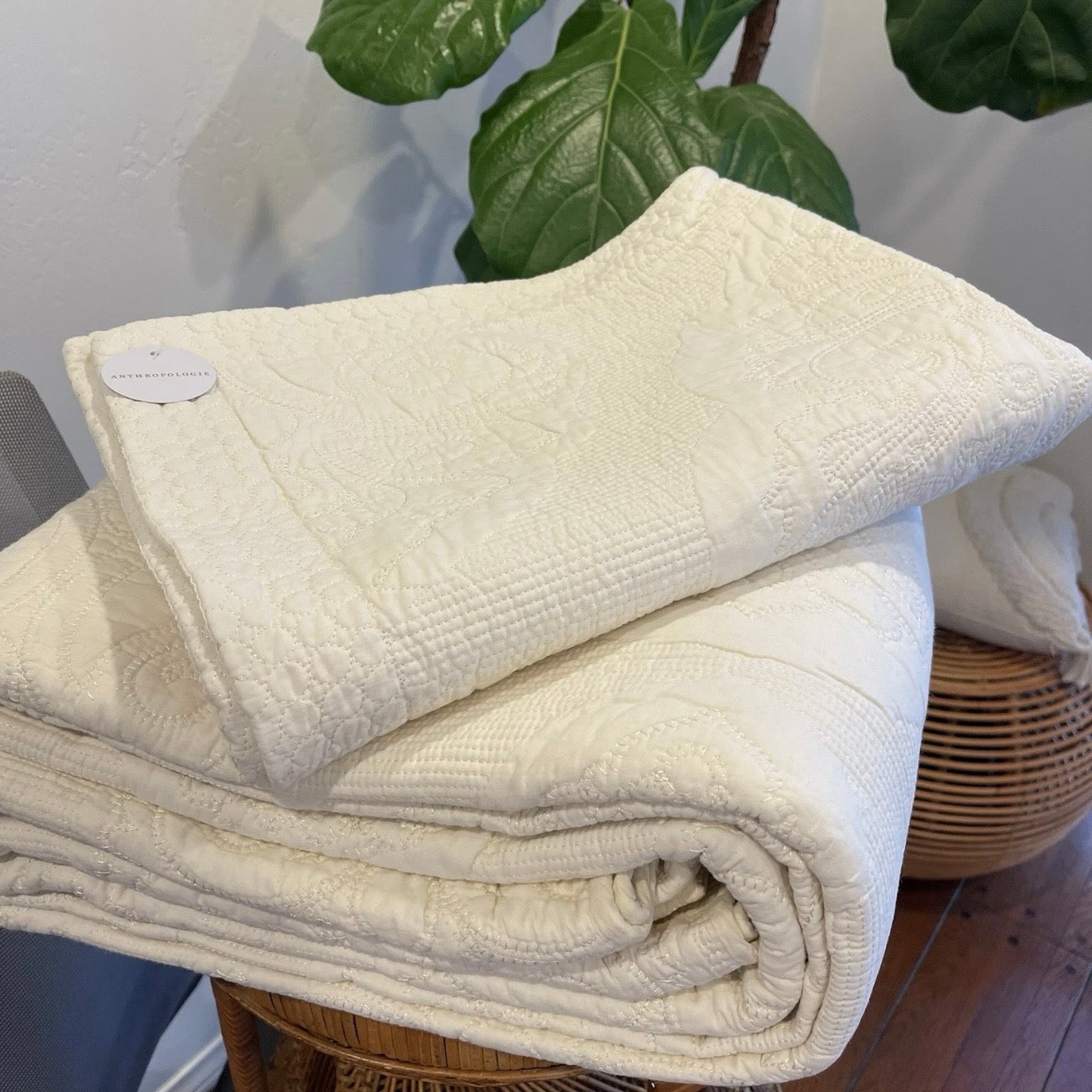NEW Anthropologie White Queen Boho Damask Quilt Bedspread Blanket & Sham Set