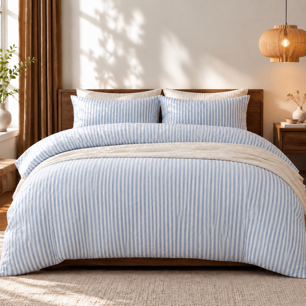 NEW West Elm White & Blue Striped Cotton Simple Modern Bedding Duvet & Sham Set