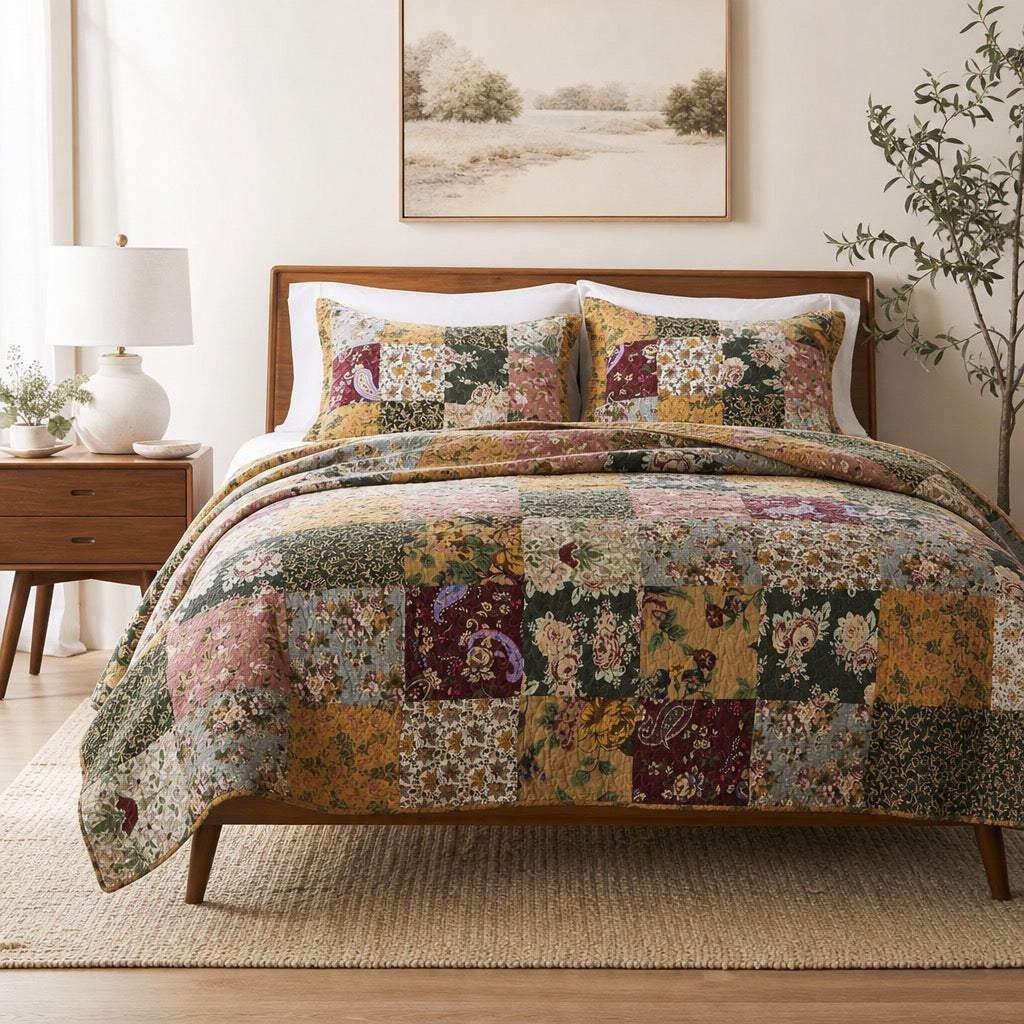 NEW Anthropologie Cotton Reversible Patchwork Queen King Bedding Quilt Sham Set