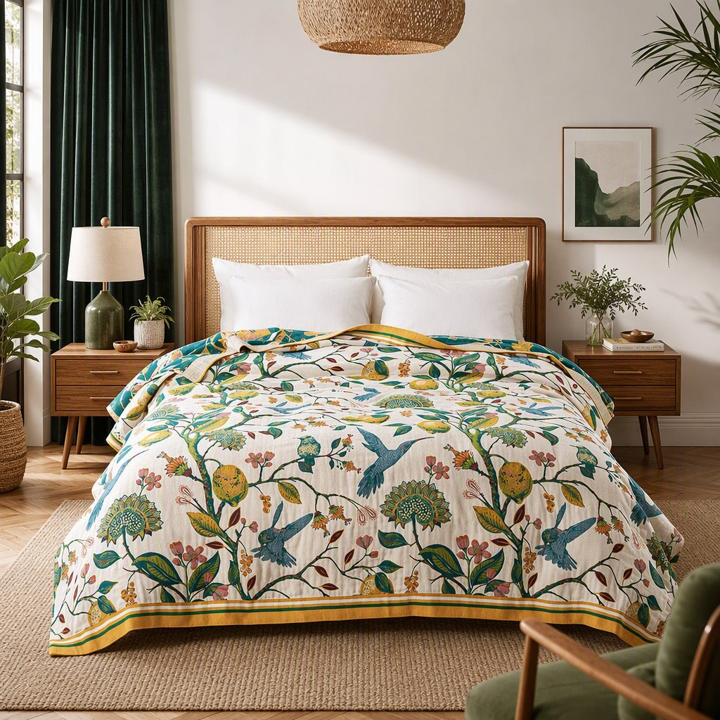 NEW Anthropologie Boho Bird Orange Blue Queen Blanket Bedspread Quilt 80" x 90"
