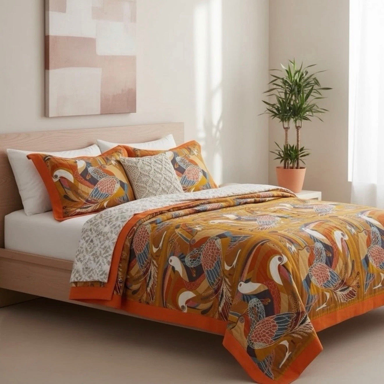 NEW Anthropologie Multi-Size Orange Bird Cotton Throw Blanket Bedspread Quilt
