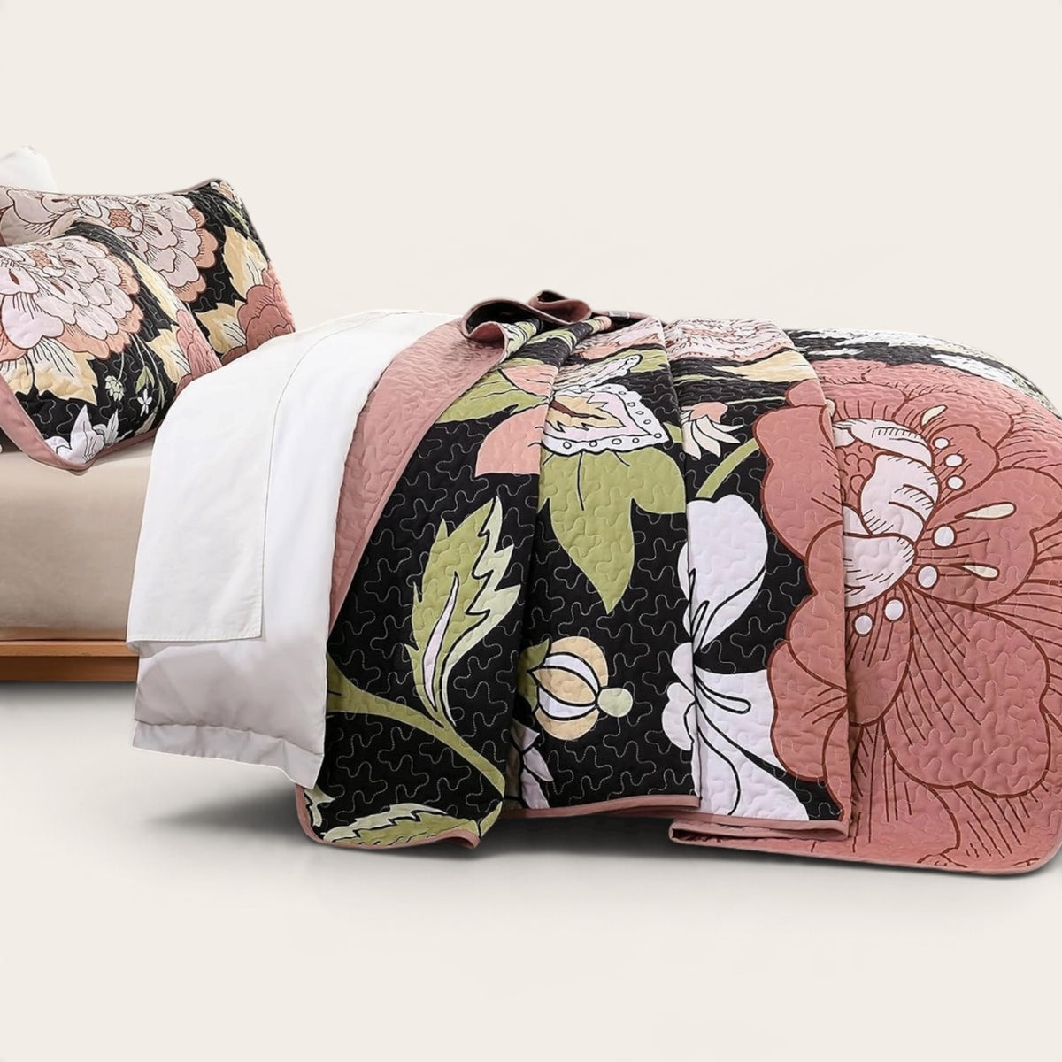 NEW Anthropologie Black & Pink Floral Boho Queen / King Bedding Quilt & Sham Set