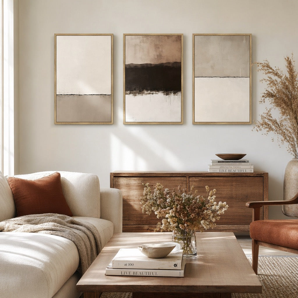 New West Elm Large Abstract Set of 3 Framed Canvas Wall Art Paintings Decor 24"