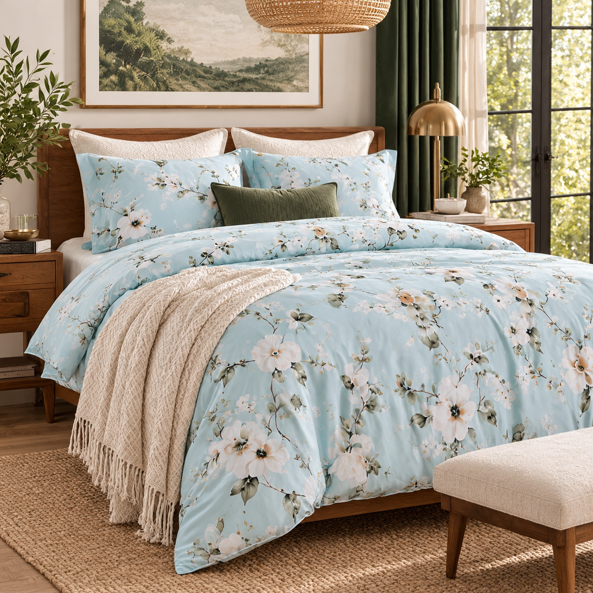 NEW West Elm Light Blue Floral Print Boho Queen / King Bedding Duvet & Sham Set