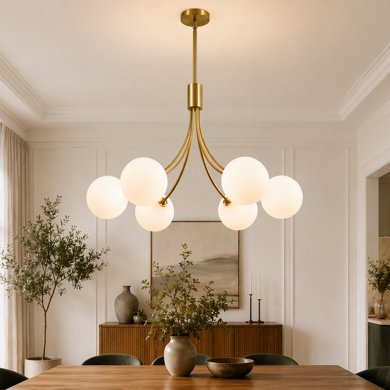 NEW West Elm XL 6-Light Gold & White Globe Boho Chandelier Hanging Light Fixture