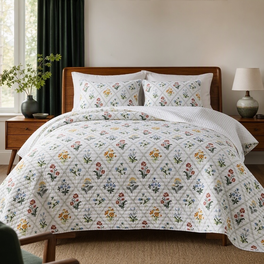 NEW Anthropologie Multicolor Floral Reversible Quilt Bedspread Bedding Sham Set