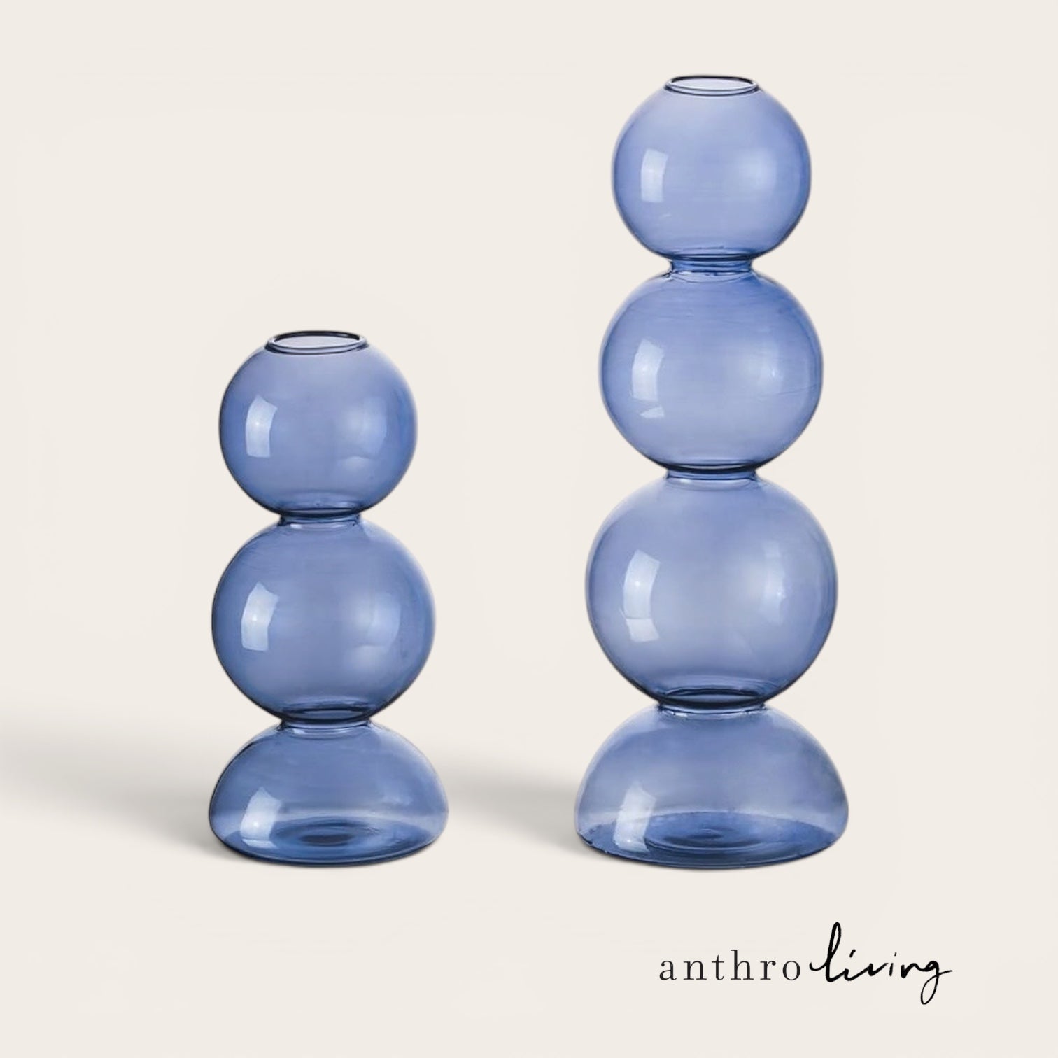 NEW Anthropologie Set 2 Blue Bubble Boho Art Deco Glass Decorative Flower Vases