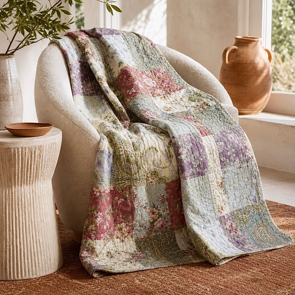 NEW Anthropologie Boho Multicolor Floral Throw Blanket Patchwork Quilt 50" x 60"