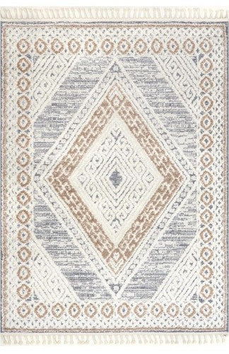 NEW West Elm White Cream Boho Tassel Geometric Shag Area Rug Carpet - 4' x 6'