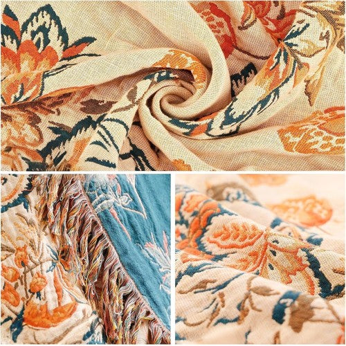 NEW Anthropologie Boho Floral Orange Teal Queen / King Blanket Bedspread