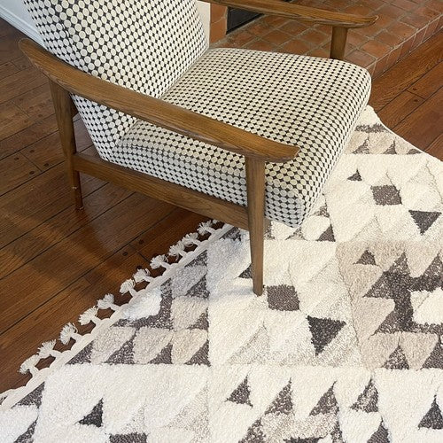 NEW Anthro XL White Beige Boho Tassel Geometric Shag Area Rug Carpet 5' x 7.5'