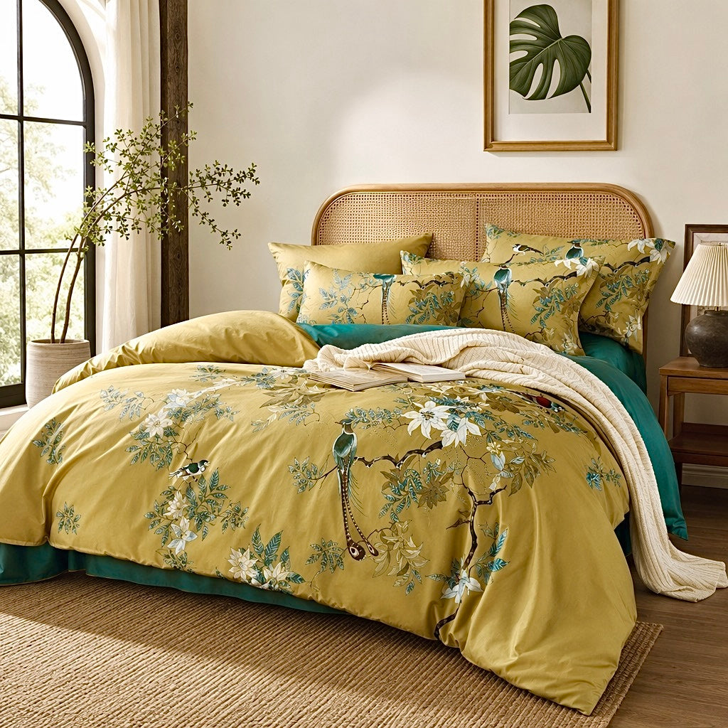 NEW Anthropologie Yellow Boho Queen Size Bird Bedding Duvet Floral Sham Case Set