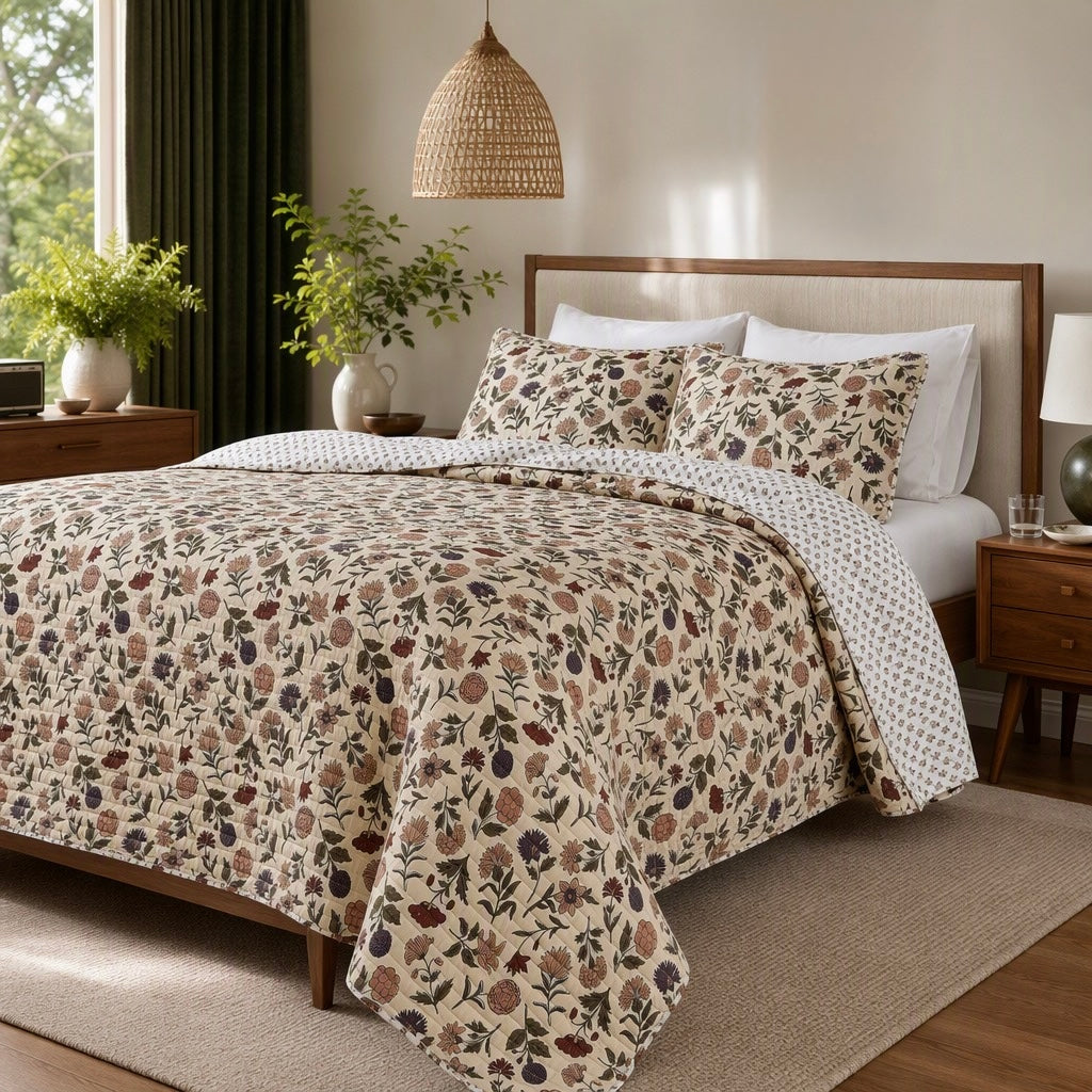 NEW Anthropologie Beige Boho Floral Reversible Quilt Bedspread Bedding Sham Set