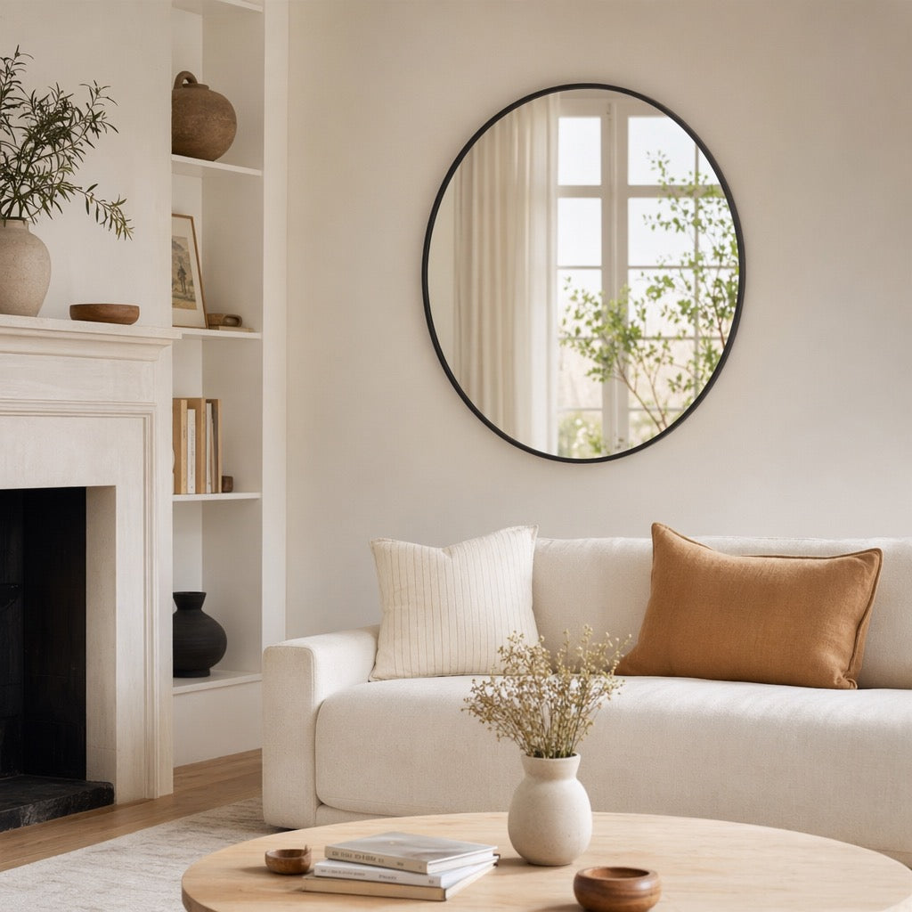 NEW West Elm Black Circle Round Matte Framed Boho Wall Entry Mirror - 20" x 20"