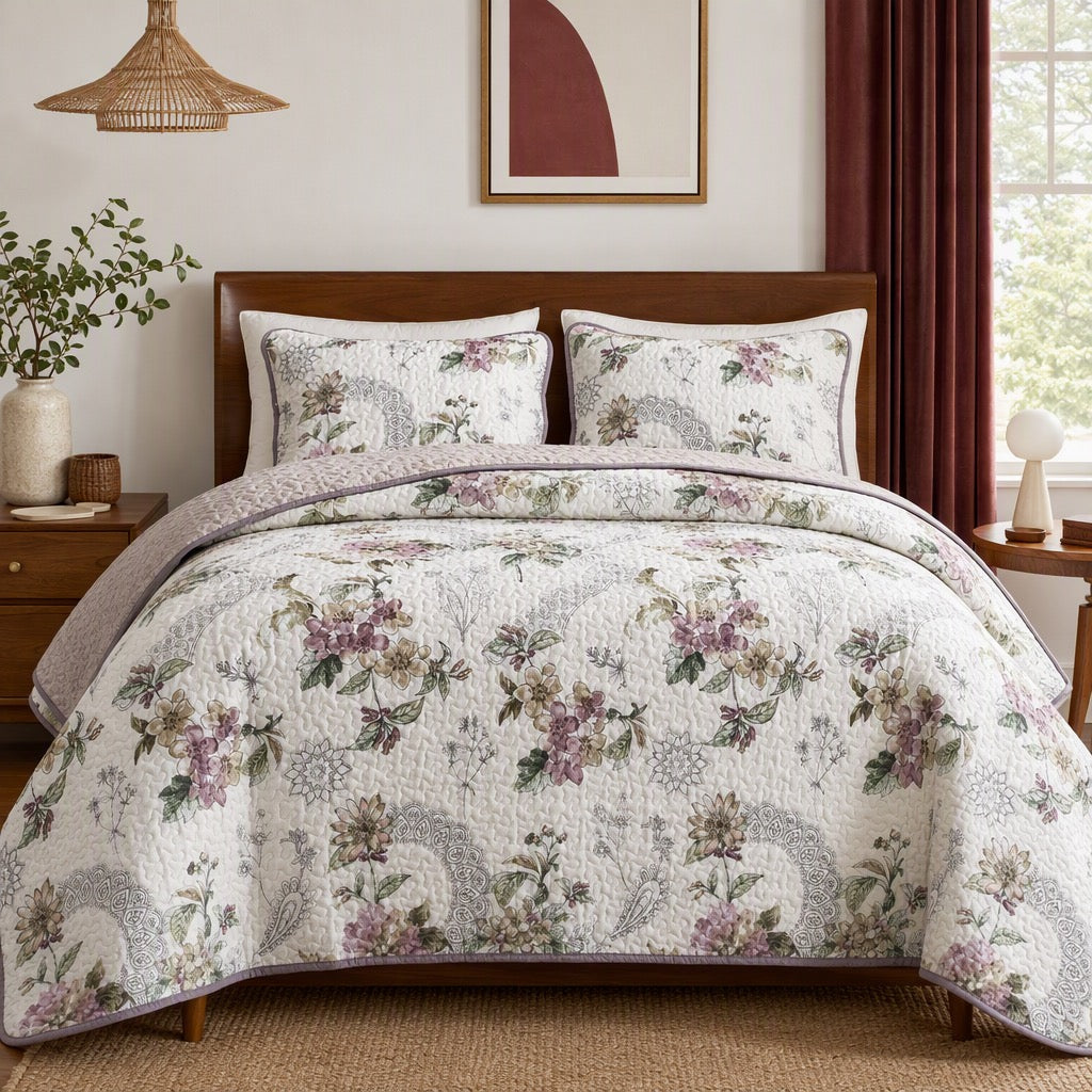 NEW Anthropologie Vintage Floral Reversible Quilt Bedspread Bedding & Sham Set