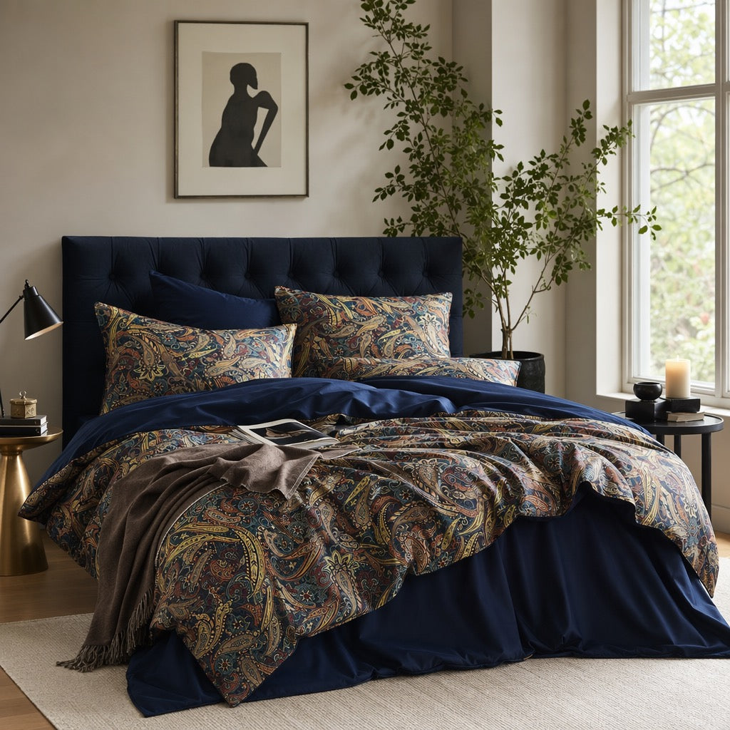 NEW Anthropologie Navy Blue Paisley Boho Queen / King Bedding Duvet & Sham Set