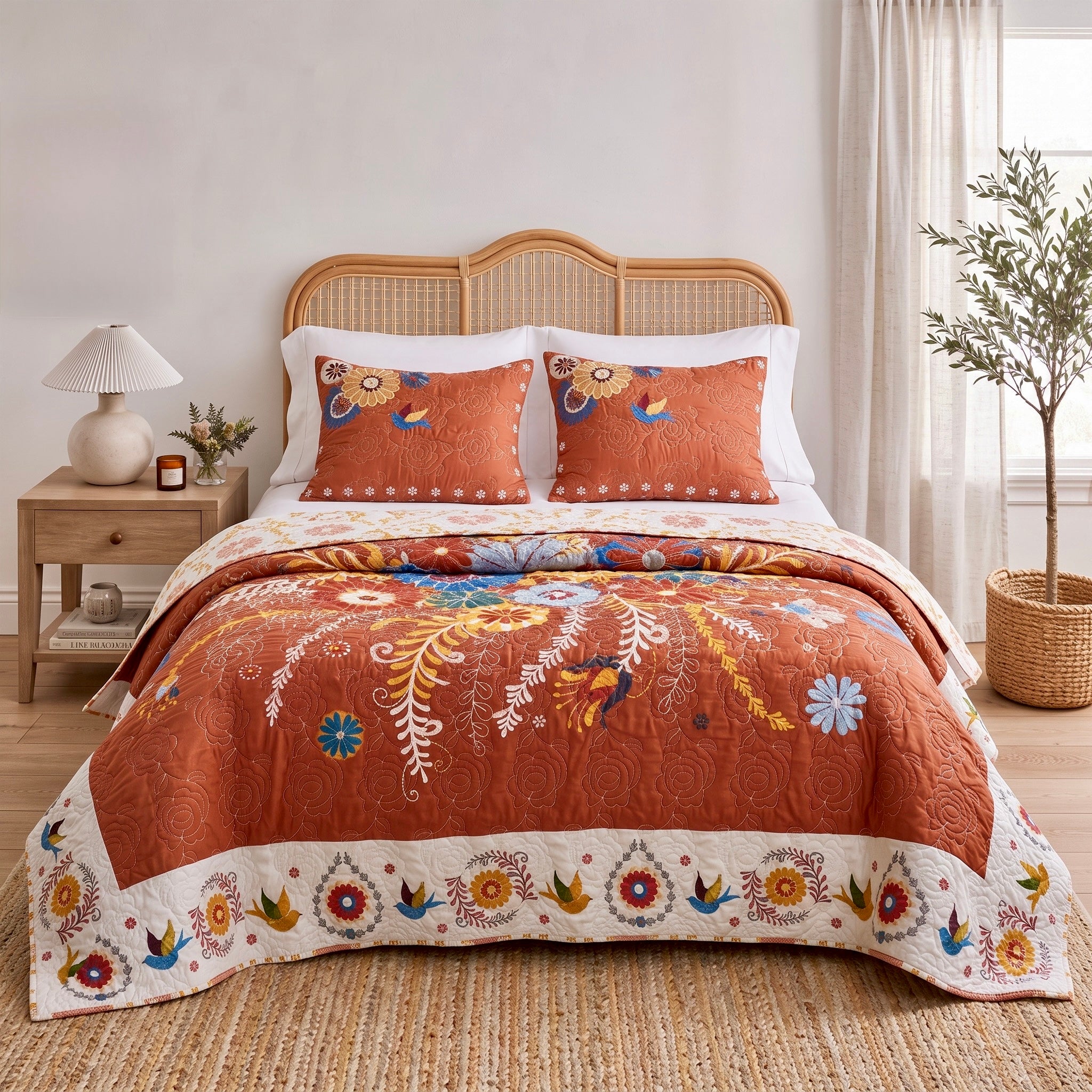 NEW Anthropologie Red Queen Floral Boho Reversible Quilt Bedspread Blanket Sham Set