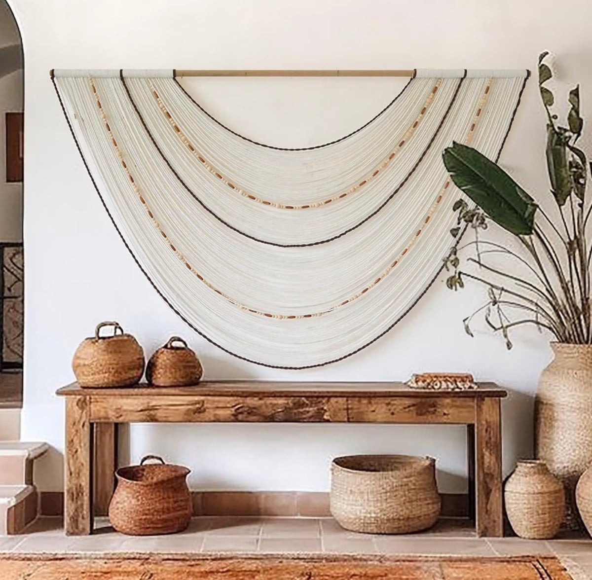 NEW Anthropologie Boho Tapestry Macrame Woven Swoop Beaded Wall Hanging 57 x 35