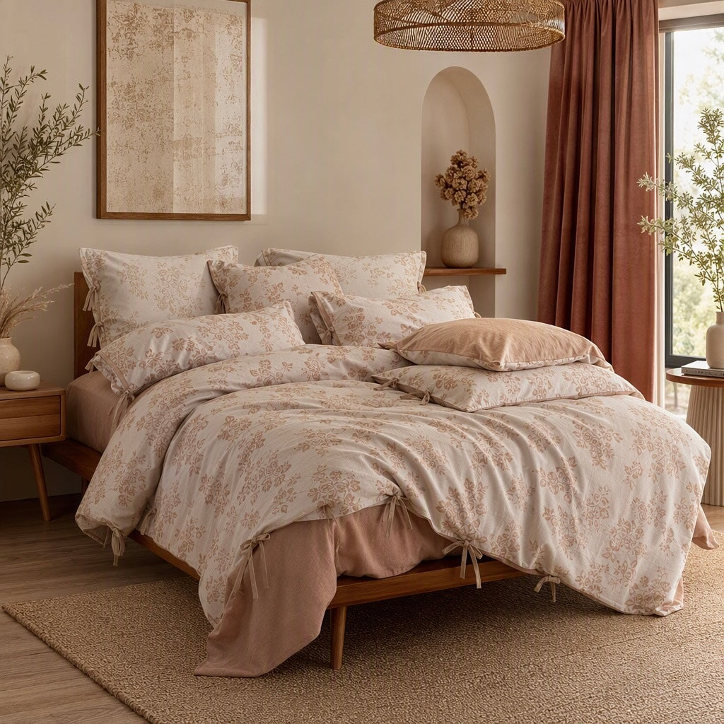NEW Anthropologie Pink Floral Jacquard Linen Cotton Bedding Duvet & Sham Set