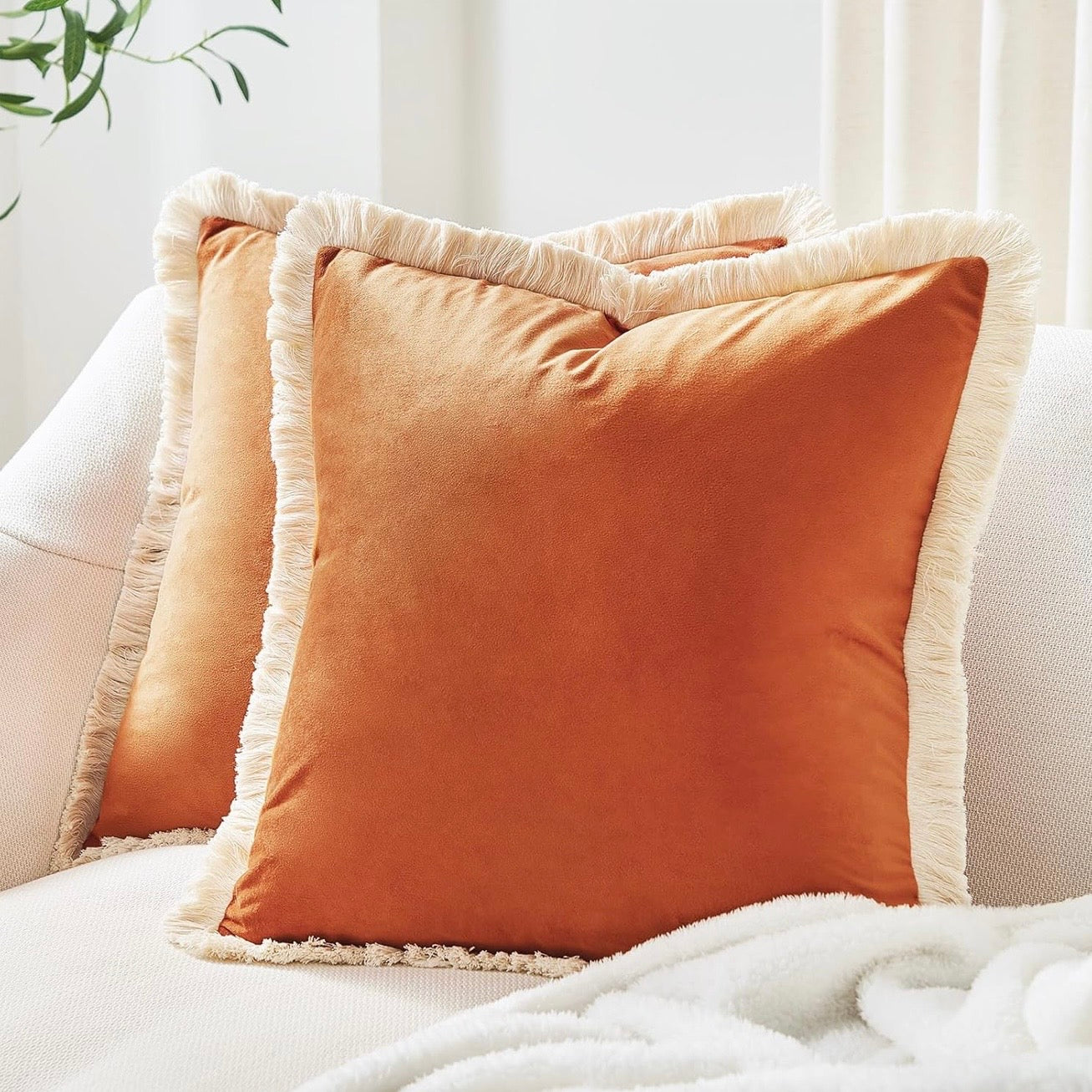 New West Elm Set 2 Orange Velvet Boho Fringe Throw Pillow Case Cover Sham 18x18