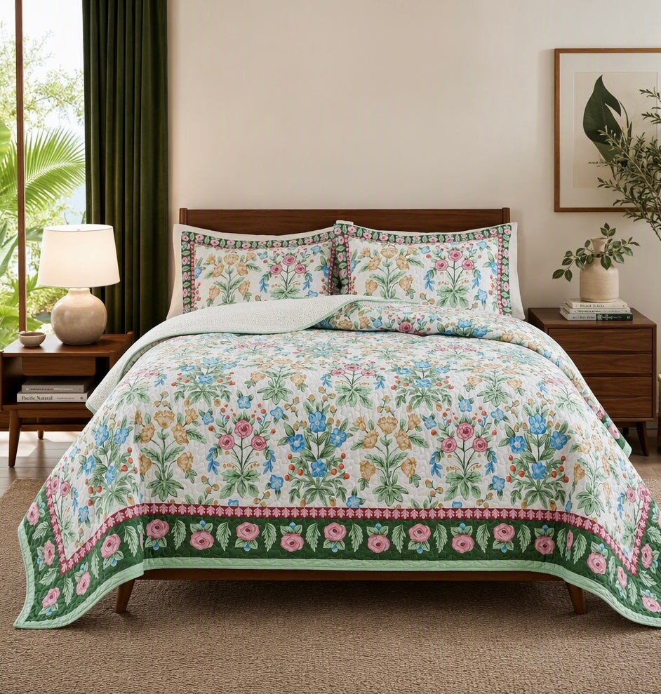 NEW Anthropologie Vintage Floral Queen / King Quilt Bedspread Bedding & Sham Set
