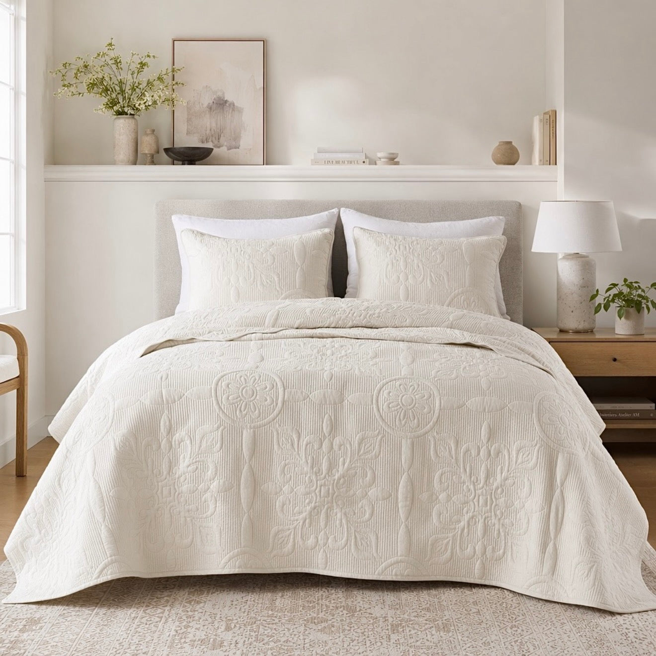 NEW Anthropologie White Cream Boho Jacquard Queen / King Bedding Quilt Sham Set