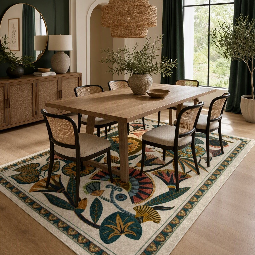 NEW Anthropologie Boho Egypt Floral Multicolor Washable Area Rug Carpet 5' x 7'